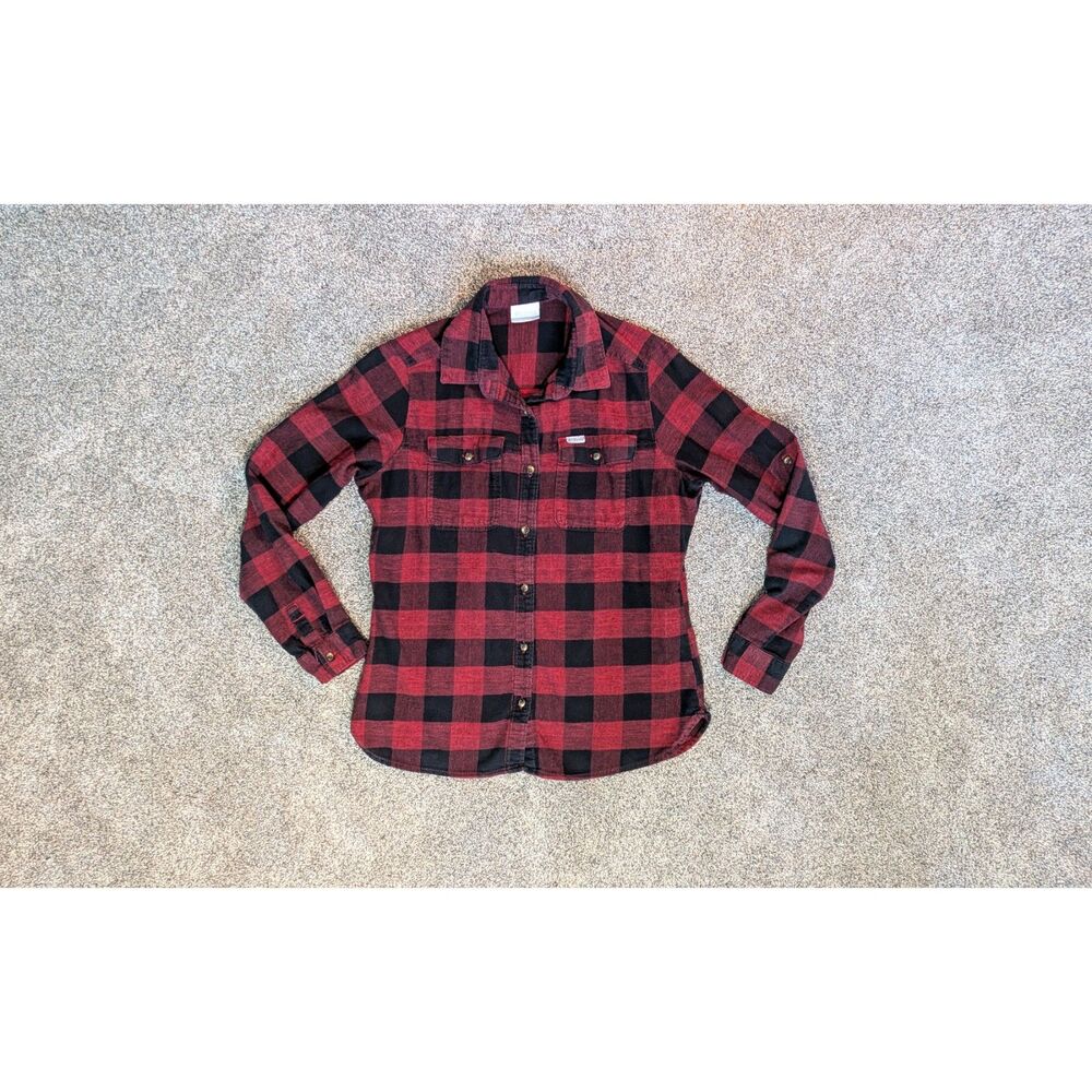 Columbia Sportswear Red & Black Buffalo Plaid Flannel Shirt M - Roll Tab Sleeve